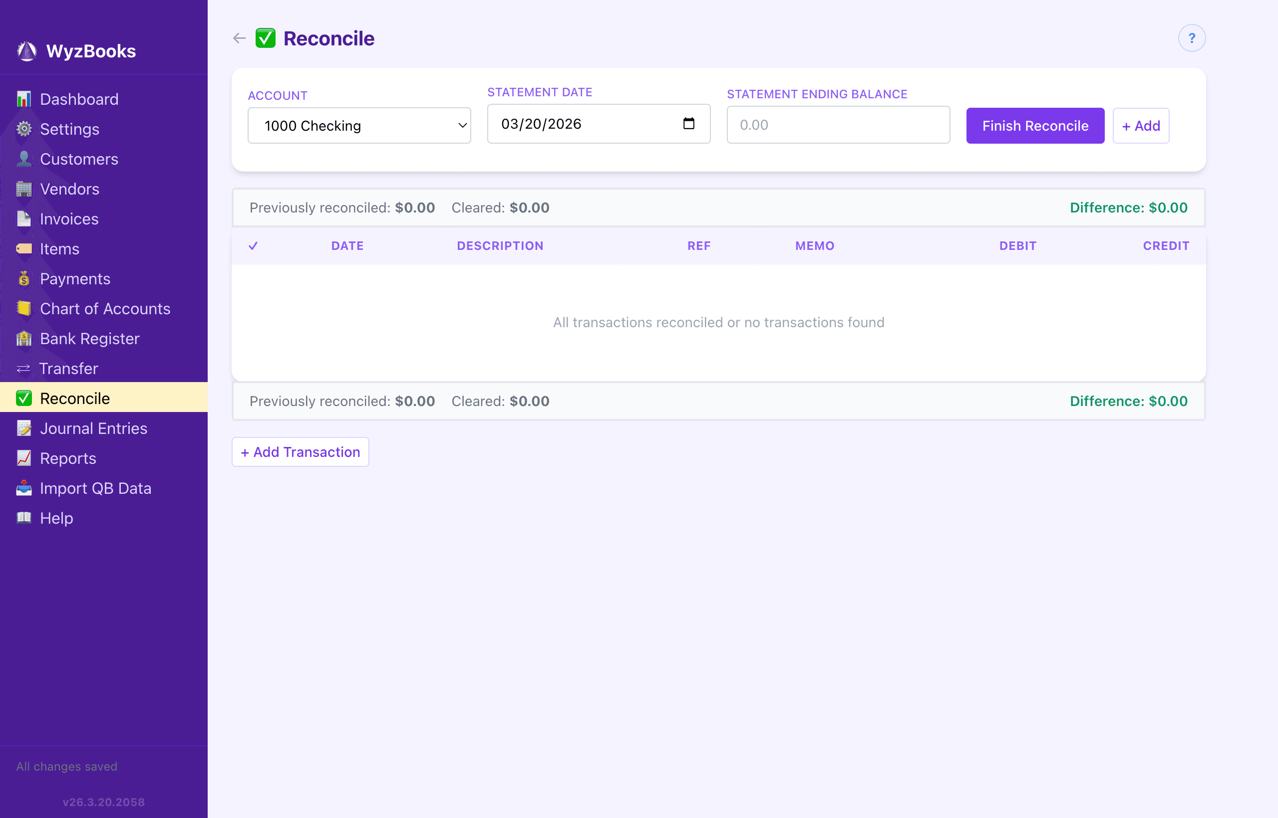 WyzBooks Bank Reconciliation